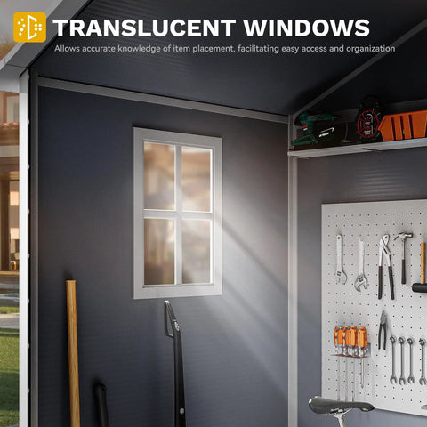 Interior of Sturdy 6x4.4 Ft Outdoor Resin Storage Shed With Reinforced Floor Lockable Door Window And Vent All Weather Bike And Tool Storage For Garden Backyard Patio And Lawn, showing translucent windows and tools organized on the wall.