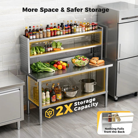 NSF Certified Stainless Steel Kitchen Prep Table 60x24 Inches with adjustable shelf and pegboard panels, stocked with items
