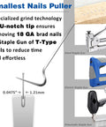 Image showing smallest nails puller with U-notch tip for 18 GA brad nails, next to hand, electric, and pneumatic staple guns.