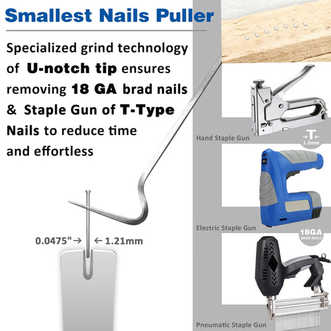 Image showing smallest nails puller with U-notch tip for 18 GA brad nails, next to hand, electric, and pneumatic staple guns.