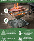 Three In One Flatpack Portable Fire Pit And Grill 16 Inch Heavy Duty Stainless Steel Wood Burning Camping Stove With Adjustable Height For Backyard Outdoor Cooking And RV Trips Carry Bag Included MT055 with steak on grill