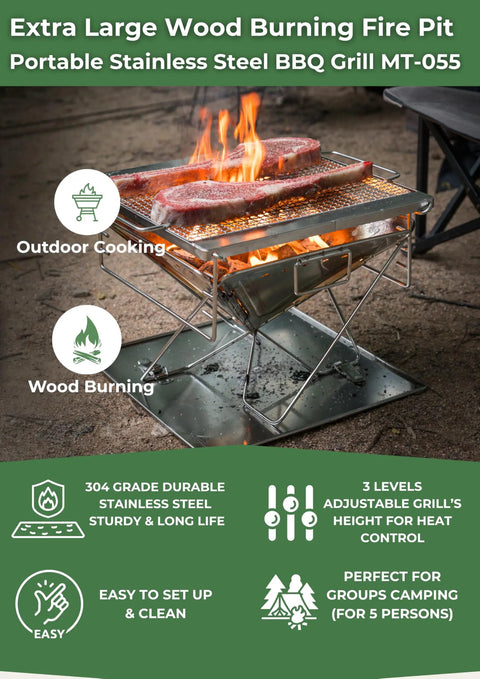 Three In One Flatpack Portable Fire Pit And Grill 16 Inch Heavy Duty Stainless Steel Wood Burning Camping Stove With Adjustable Height For Backyard Outdoor Cooking And RV Trips Carry Bag Included MT055 with steak on grill