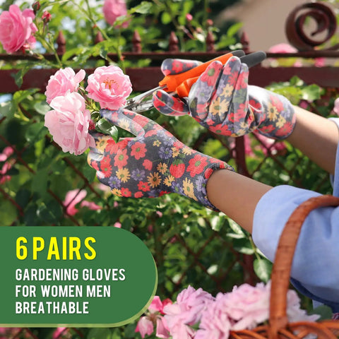 Six Pairs Women Gardening Gloves With Breathable Rubber Coated Grip Thorn Proof And Cut Resistant For Outdoor Work Multi Purpose Garden Gloves In Six Color Options used for pruning roses.