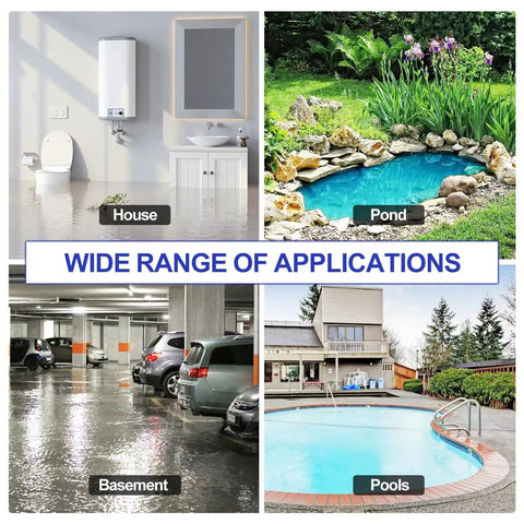 Image showing flooded house, pond, basement, and pool highlighting applications of the 1HP Submersible Water Pump Featuring A Tough As Nails Motor And Effortless Gear Tech To Haul 4500 GPH Fast For Zero Hassle Draining Of Pools Hot Tubs And Flooded Basements With Ease.