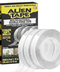 3-pack Alien Tape double-sided tape with box showing 30mm x 9.15m for indoor and outdoor use, clear rolls visible