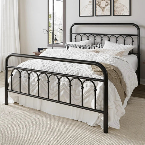 Rock Solid Queen Size Metal Platform Bed Frame With Victorian Scrollwork Headboard Straight Up Classic Look Plus Legit Vintage Charm For Cozy Master Bedrooms Black Finish in a modern bedroom.