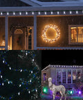 House decorated with faceted green C9 Christmas string lights, showcasing 50 LEDs, ideal for holiday décor and St Patrick Day cheer.