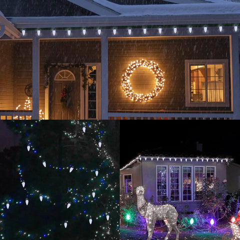 House decorated with faceted green C9 Christmas string lights, showcasing 50 LEDs, ideal for holiday décor and St Patrick Day cheer.