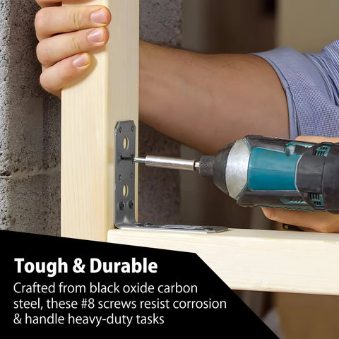 Person using drill to install Heavy Duty Tough As Nails Black Oxide Modified Truss Head Wood Screws Set 100 Pack With Three Sizes