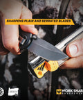 Roam Ready Guided Field Sharpener With Diamond Guides And Adjustable Wrench sharpening a pocket knife blade outdoors.