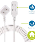Fifteen Foot Three Outlet Flat Plug Extension Cord With Safety Slide Outlets Great For Home Or Holiday Use White Two Prong Design Long Reach Lets You Plug In From Anywhere In Your House, showing close-up of flat plug and 3-outlet design.