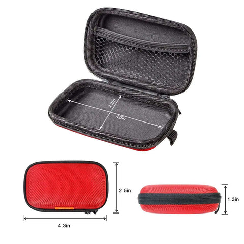 Small Red Rectangular Eva Case With Hella Tough Crush Proof Hard Shell And Smooth Zipper Mesh Pouch For Charger Cables Earbuds Memory Cards And Everyday Carry, open view with dimensions.
