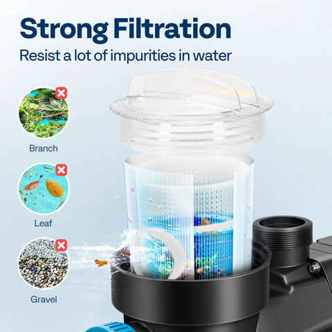 Self Priming Pool Pump For Inground And Above Ground Pools With 1.25 Inch 1.5 Inch And 2.0 Inch Unions Energy Saving With Strainer Basket showing filtration against debris like branches, leaves, and gravel