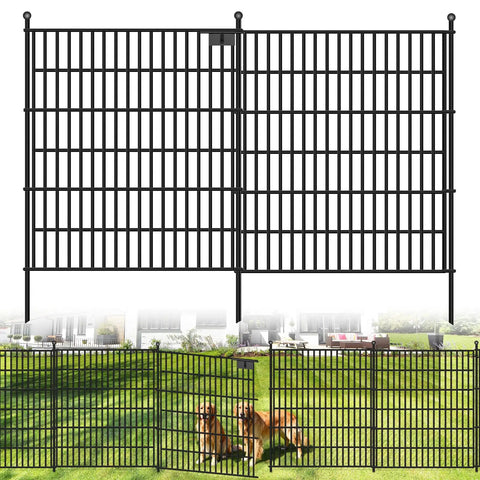 No Dig Garden Fence Kit With Gate, 10 Metal Panels, 32 Inch High, 24.2 Feet Long, Rustproof Outdoor Fence For Pets, with easy setup.