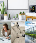 Six-in-One indoor air quality monitor displaying readings, suitable for homes, offices, cars, and grow tents for healthier air.