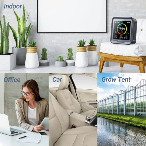 Six-in-One indoor air quality monitor displaying readings, suitable for homes, offices, cars, and grow tents for healthier air.