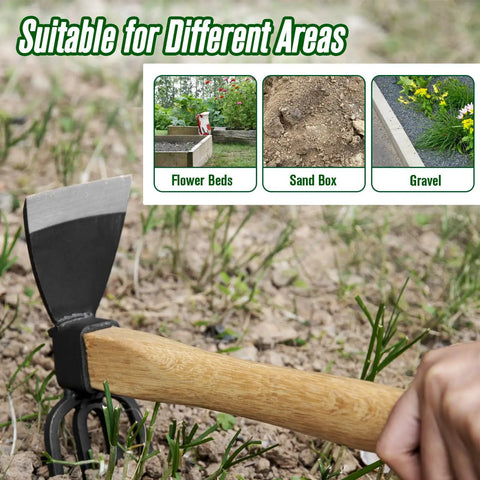 Close-up of Two In One Garden Hoe And Cultivator For Weeding And Planting, Japanese Style Hand Tool with flip design in use.