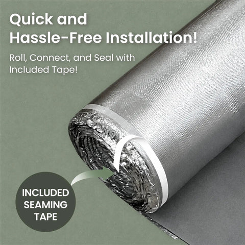 Premium Acoustic Floor Underlayment Roll Featuring Hella Quiet Thermal Eva Foam And Silver Foil Vapor Barrier with included seaming tape.