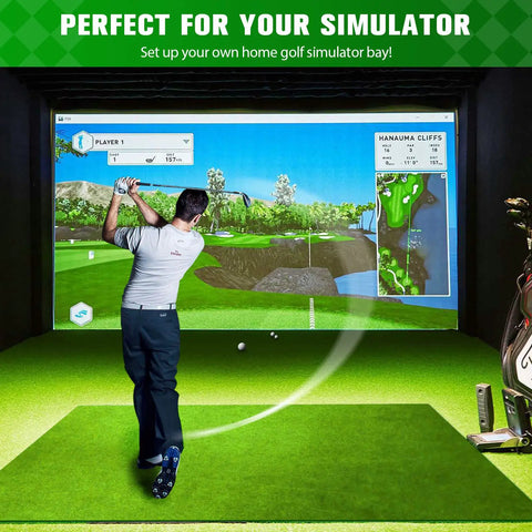 Golfer using Ultra Clear Golf Simulator Impact Screen For Indoor Practice 8.2 By 8.2 Feet With 38 Grommet Holes Durable Flannel Material
