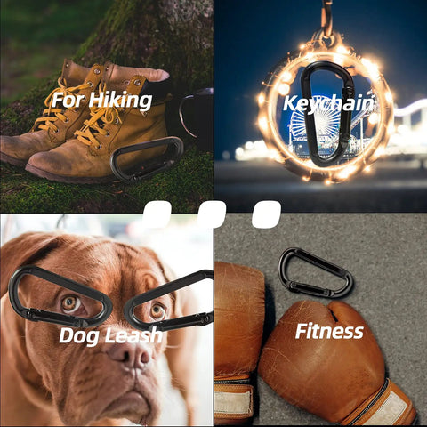 Heavy Duty Carabiner Clip 860 Lbs Capacity 3 Inch D Shape Hook For Hammocks Camping Hiking Keychains Dog Leash Yoga Swing Gym Gear Black One Hand Open Design in various outdoor and indoor uses like hiking with boots, keychains with lights, dog leashes, and gym gear with boxing gloves.