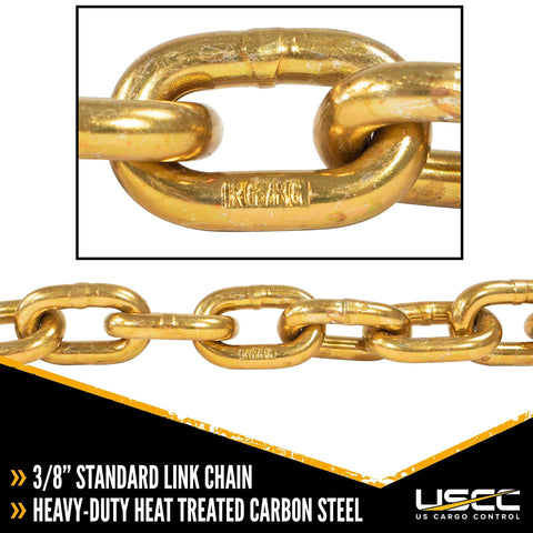 Close-up of QuikBinder Plus Ratchet Load Binder And Grade 70 Chain Set Three Eighths Inch By 16 Foot Heavy Duty Tie-Down chain links