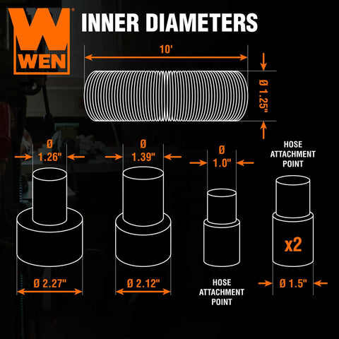 Diagram showing dimensions of 1.25-Inch By 10-Foot Dust Hose Kit With Fittings And Reducers For Power Tools, Dust Collection Vacuums