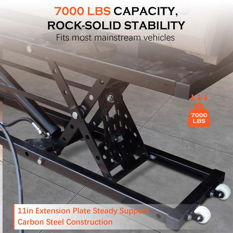 Close-up of Heavy Duty Portable Car Hoist With Rock Solid Mechanical Locks, 7000 Lbs Quick Raise Jack Stand for stability.