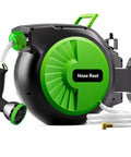 Retractable Garden Hose Reel 100 ft Half Inch Wall Mounted Auto Rewind With Tangle Free Guide, green and black design