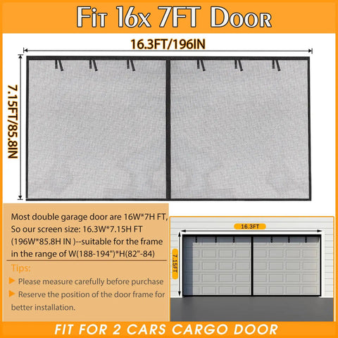 Dimensions and fit guide for Heavy Duty Magnetic Garage Screen Door 16x7 Ft Fits 2 Car Garages, Fiberglass 2300g, Black