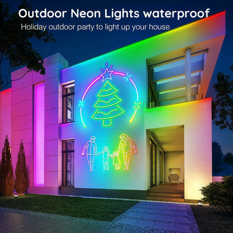 20 Foot Neon Rope Lights With App Control And Remote RGB Music Sync Flexible LED Neon Lights outlined on modern house facade