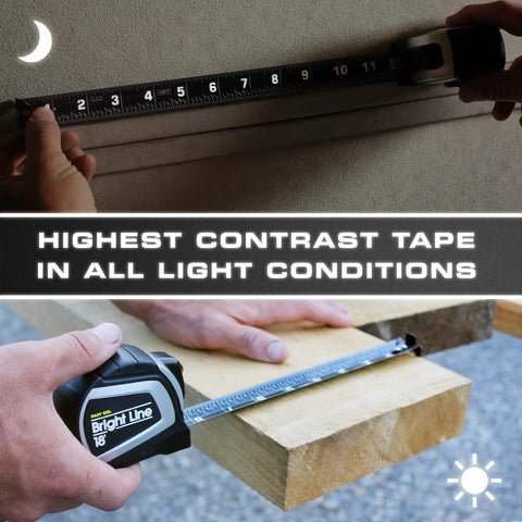 High Contrast Easy Read Tape Measure For Low Light With Dual Sided Auto Lock Retractable 18 Feet measuring a wooden plank