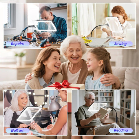 Big Floor Magnifying Glass With Light And Stand showing use in repairs, sewing, nail art, and reading by different people