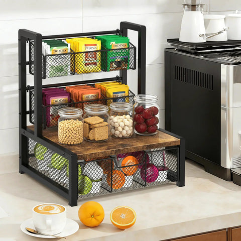 Industrial Rustic Tea Bag Organizer, 3 Tier Wood Storage Box With Drawer on countertop holding tea bags and jars.