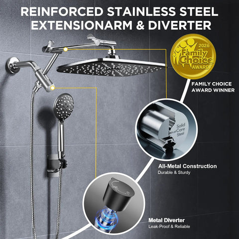 Veken 11.8-inch chrome rainfall shower head with handheld sprayer and metal extension arm, dual showerhead.