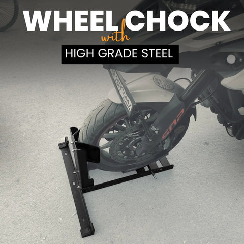 Heavy Duty Universal Motorcycle Wheel Chock For Trailer Or Garage Use No Fuss Capable Of Handling 2000 Lbs with bike on stand