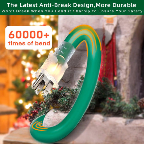 Image showing green heavy-duty Outdoor Extension Cord 150 Ft With 1 To 3 Splitter, 3 Outlets, 16 AWG, bent, next to Christmas decor.