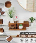 Premium Acacia Wood Toilet Tank Caddy And Vanity Tray Duo Ideal For Bathroom Clutter Control with smooth surface and non-slip pads.