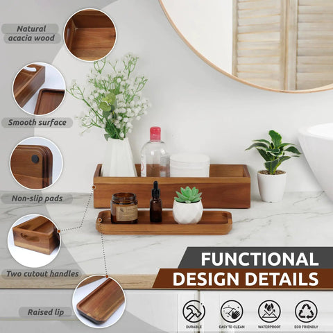 Premium Acacia Wood Toilet Tank Caddy And Vanity Tray Duo Ideal For Bathroom Clutter Control with smooth surface and non-slip pads.