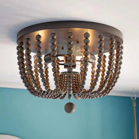 Boho Beaded Flush Mount Light 3 Light Ceiling Fixture With Gray Wood Beads And Golden Bronze Finish 16 Inch Diameter 11 Inch Height