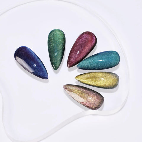 Mystic Galaxy 9D Cat Eye Gel Nail Polish Set With Jelly Cat Eye Effect color samples on display