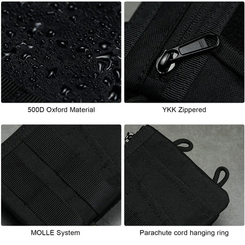 Close-up of EDC Pouch Organizer for Men with 3 Slots, 2 Zipper Pockets, 1 Phone Pocket, and 1 Multi Tool Slot, showing 500D material and YKK zippers.