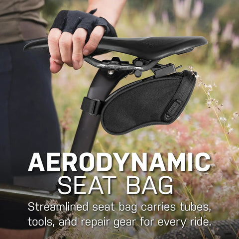 Micro Aero Wedge Seatpost Bag With Fixer F11 for 27.2 to 34.9 mm posts black durable 1000D nylon QuickClick mount on bike