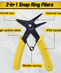 Two Pack 2 In 1 Snap Ring Pliers Set Internal And External Circlip Pliers Straight Lock Ring Pliers Dual Purpose Retaining Ring Pliers For 10mm To 40mm C Clips Ring Remover And Installer Tool with yellow handles and labeled parts