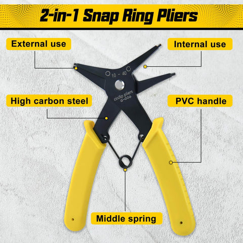 Two Pack 2 In 1 Snap Ring Pliers Set Internal And External Circlip Pliers Straight Lock Ring Pliers Dual Purpose Retaining Ring Pliers For 10mm To 40mm C Clips Ring Remover And Installer Tool with yellow handles and labeled parts