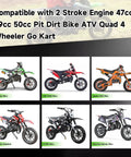 Grid of six dirt bikes compatible with T8F 134 Link Drive Chain Replacement For 50cc 47cc 49cc models, featuring various colors and styles.