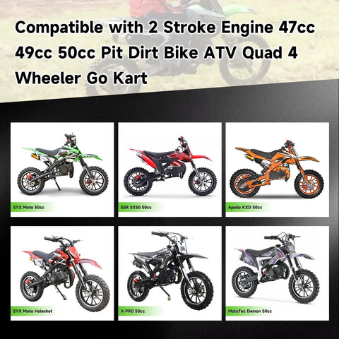 Grid of six dirt bikes compatible with T8F 134 Link Drive Chain Replacement For 50cc 47cc 49cc models, featuring various colors and styles.