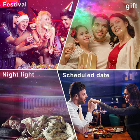 Nebula Star Projector With Effects And 15 Lighting Modes, 360 Degree Rotation, Multi Color LEDs In Blue Green And Red, used in various settings: festive party, family gathering, bedroom night light, and romantic dinner date.