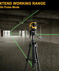 Self Leveling Laser Level With Tripod And 2 Plumb Dots, 100 Ft Cross Line Laser, Rechargeable Battery, 360 Degree Horizontal Beam Plus Vertical Expansion displayed on tripod in construction environment