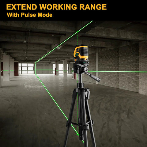 Self Leveling Laser Level With Tripod And 2 Plumb Dots, 100 Ft Cross Line Laser, Rechargeable Battery, 360 Degree Horizontal Beam Plus Vertical Expansion displayed on tripod in construction environment