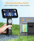 Handheld Digital Microscope With Flexible Boom Arm showing 5-inch screen and battery, used for soldering and electronics with 1080P video